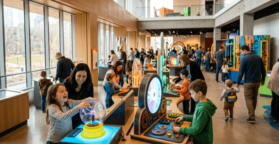Families exploring hands-on exhibits at the interim Ontario Science Centre
