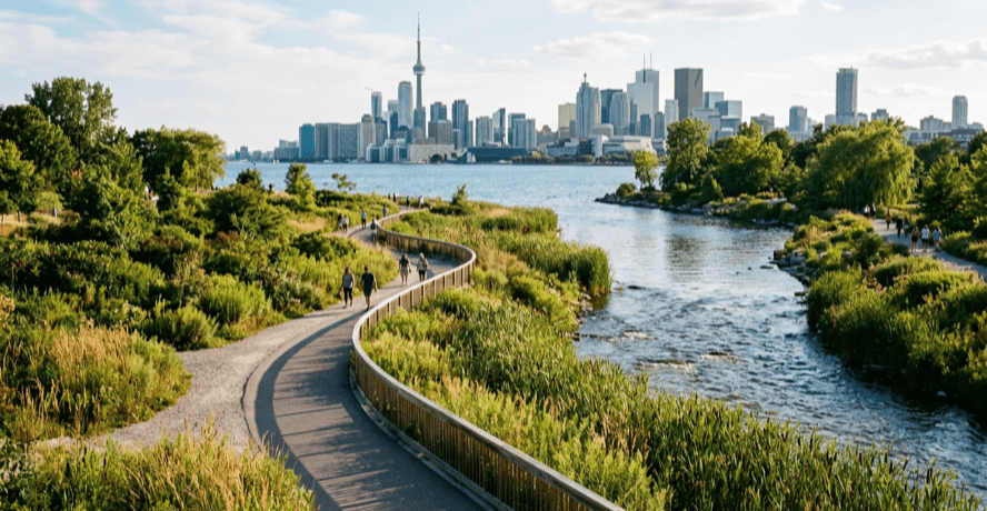 Port Lands Toronto waterfront at the new Biidaasige Park with winding paths and the city skyline
