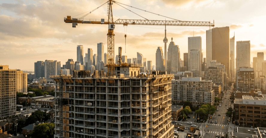 Toronto rental construction site with a highrise and tower crane against the skyline