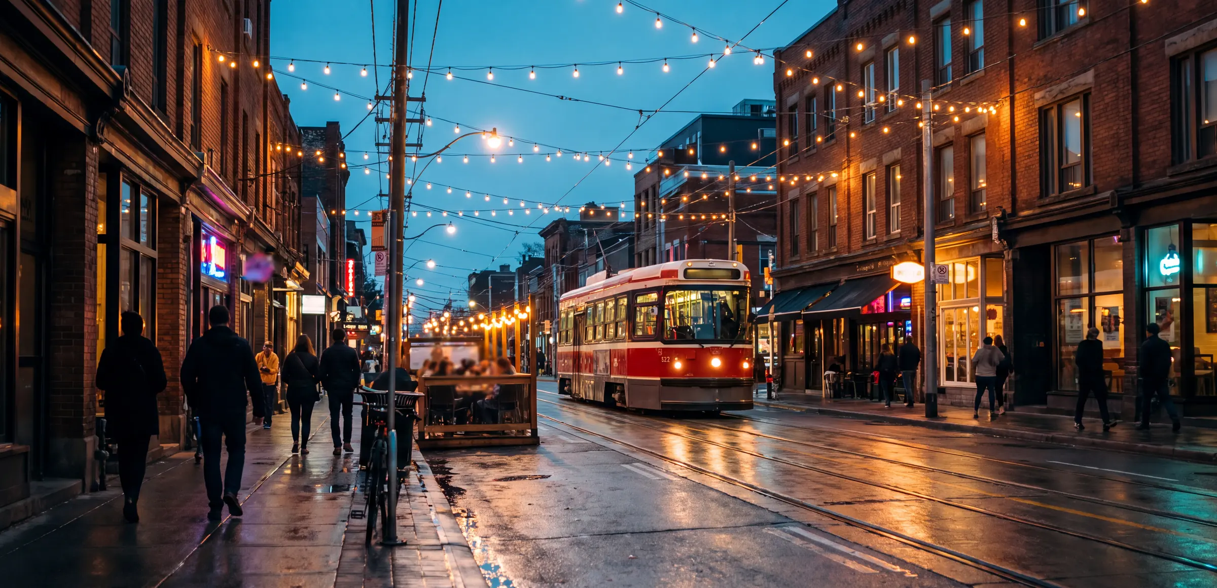 Toronto at dusk — Queen West streetcar and lit patios