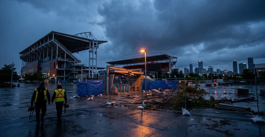AC/DC Toronto cancelled: storm-damaged Rogers Stadium grandstand at the Downsview lands awaiting inspection and repair.