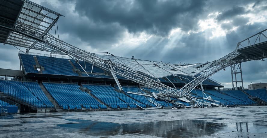 AC/DC Toronto cancelled: storm-damaged Rogers Stadium grandstand at the Downsview lands awaiting inspection and repair.