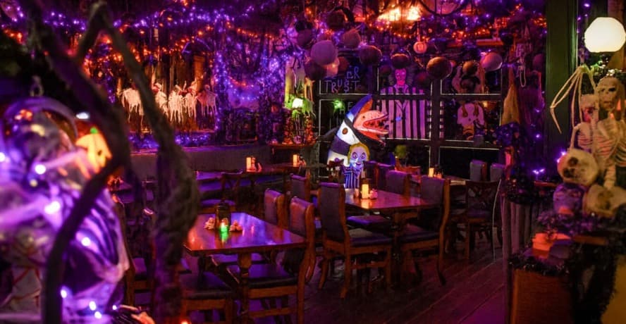 Moody cocktail bar staging for the Black Lagoon Halloween pop-up Toronto at The Drake Hotel