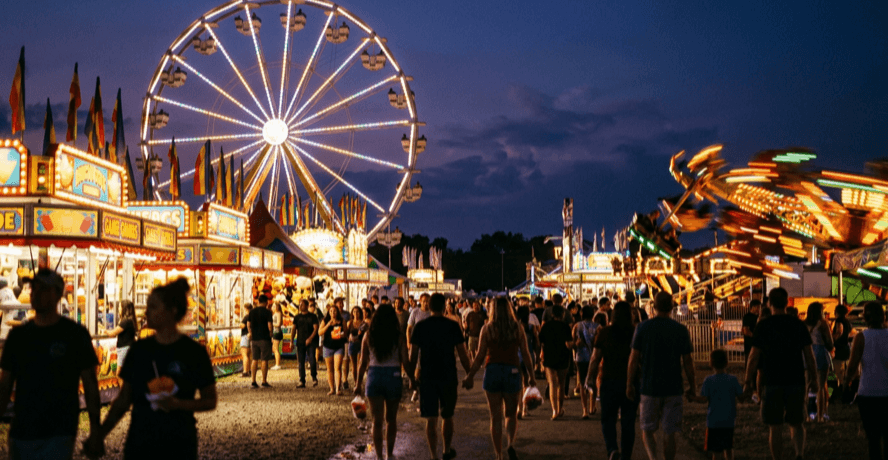 CNE 2026 midway at Exhibition Place with a Ferris wheel lit up at dusk