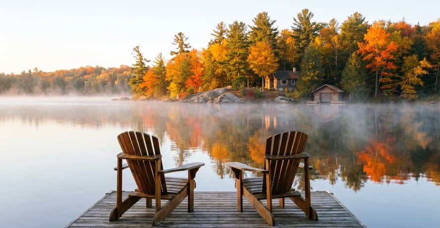 Empty lakeside trail in autumn colour on a Muskoka fall trip from Toronto