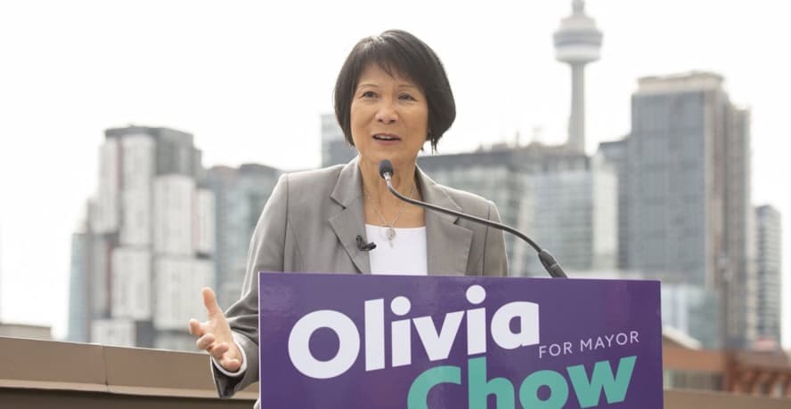 Olivia Chow re-election 2026 campaign launch rally at the Danforth Music Hall in Toronto ahead of the October vote.