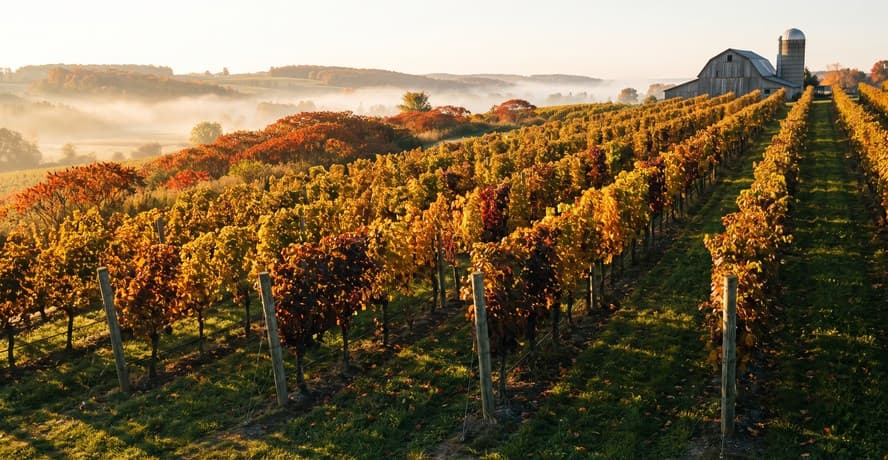 Vineyard rows in autumn colour on a Prince Edward County fall weekend from Toronto