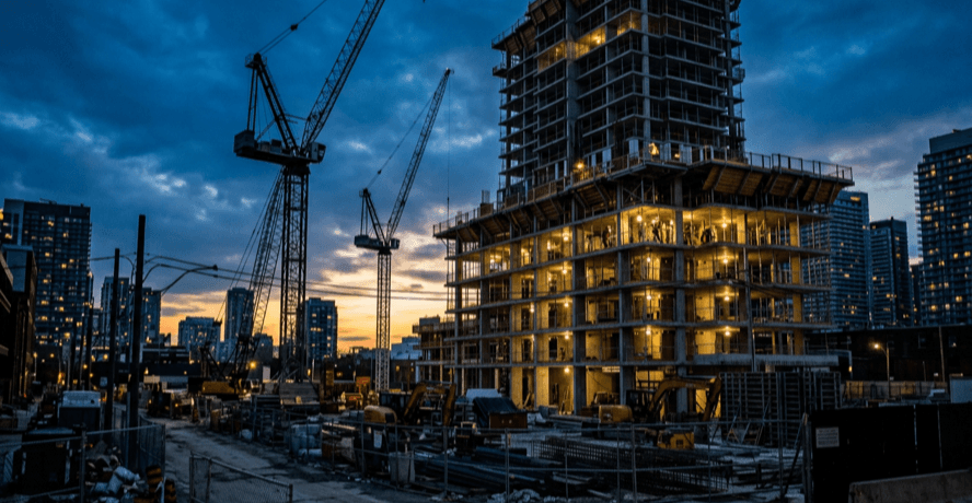 Toronto skyline development 2026 with the CN Tower and clusters of tall condo towers under construction