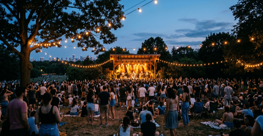 Outdoor evening concert crowd, Toronto arts and culture summer 2026